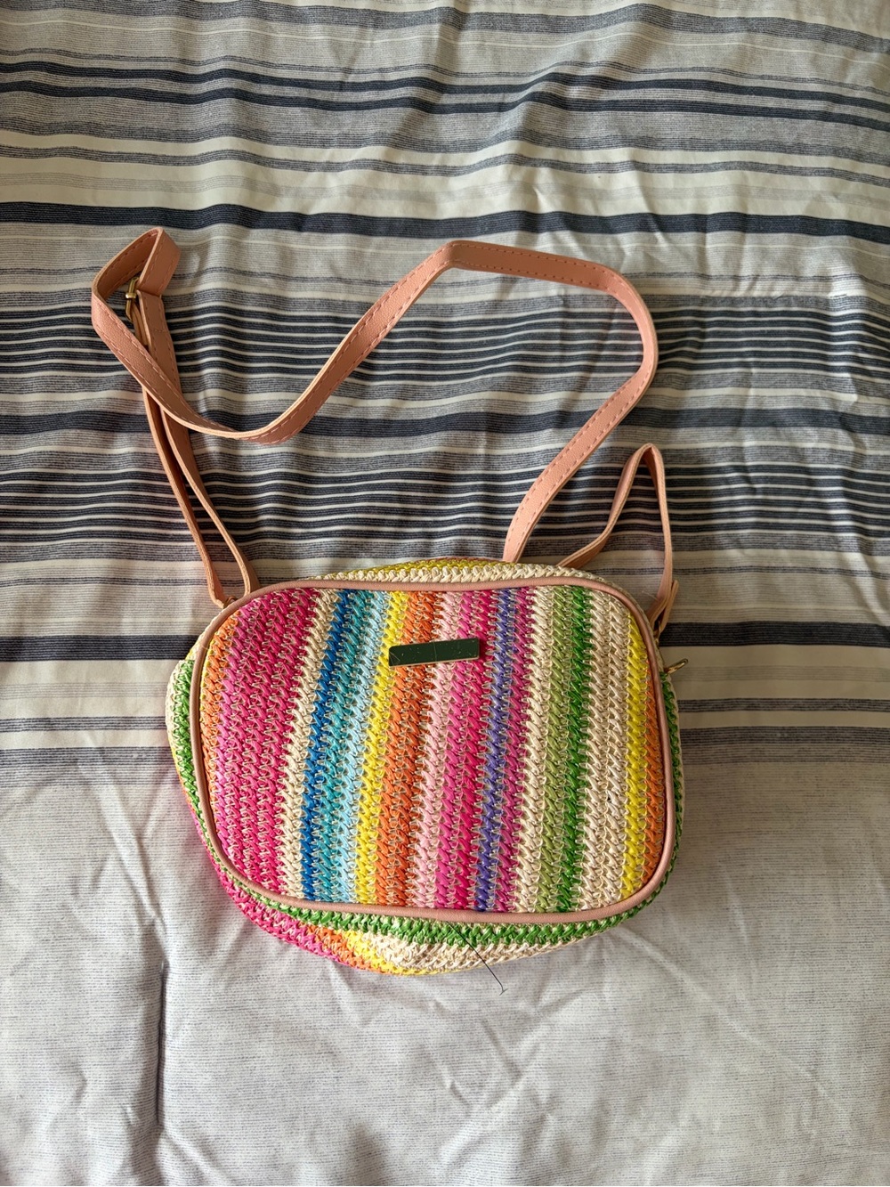 Amazon Rainbow Woven Crossbody Bag with Pink Strap